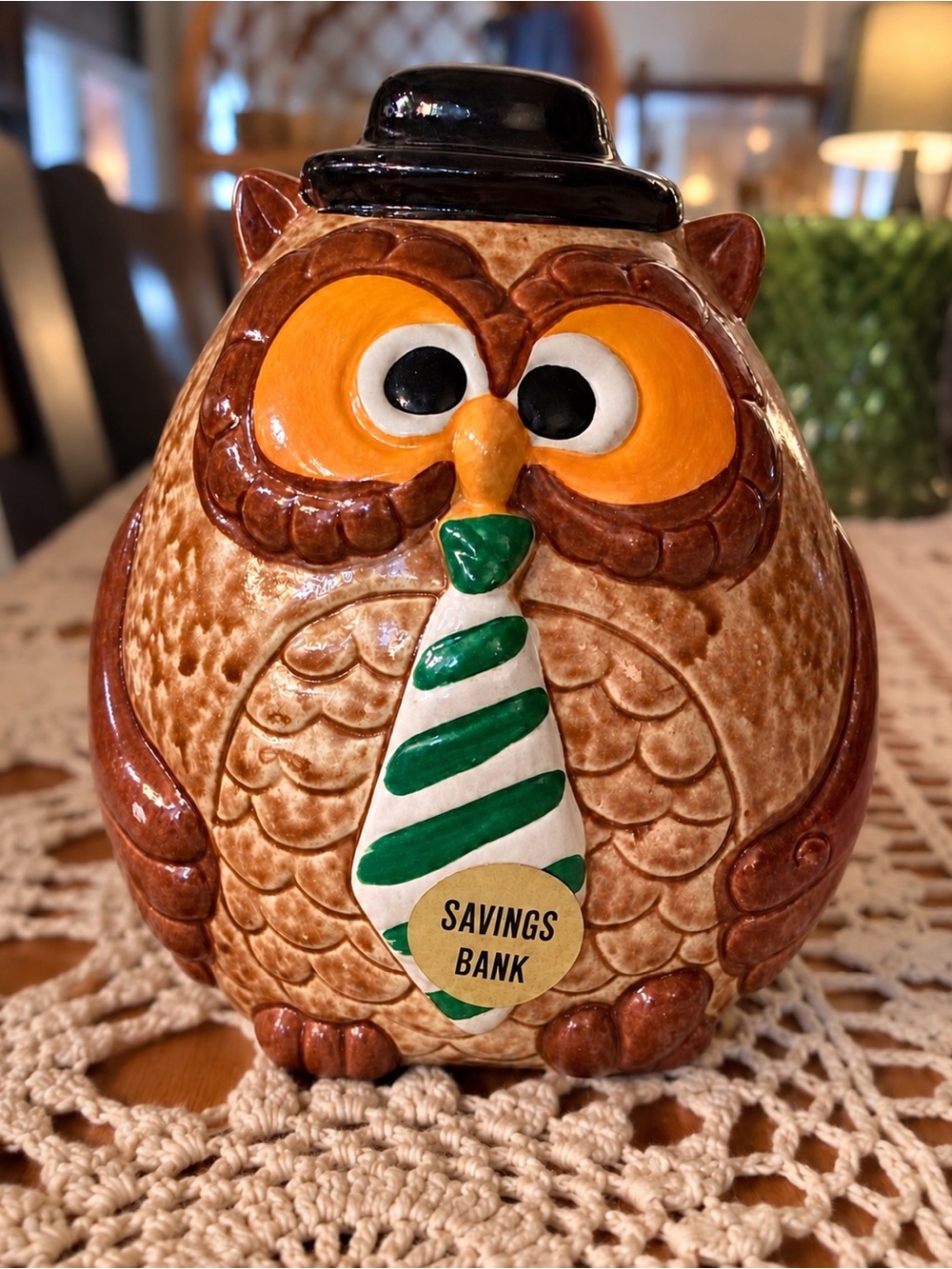 Vintage 1970s Enesco Ceramic Owl Savings Coin Bank Bowler Hat Tie Retro Kitsch